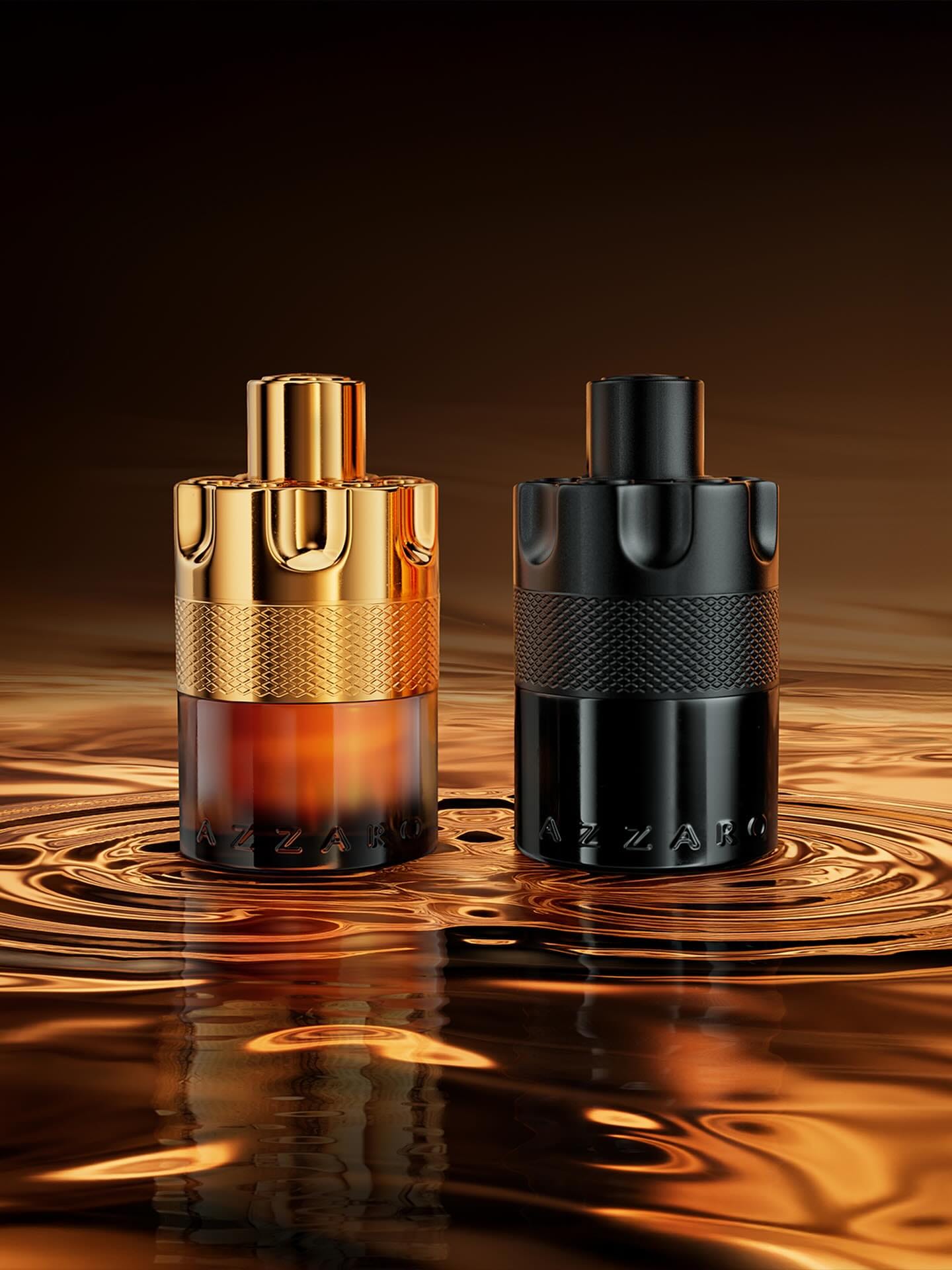 Azzaro Wanted product photo: burnished gold, matte black and amber, glass and metal, dramatic light