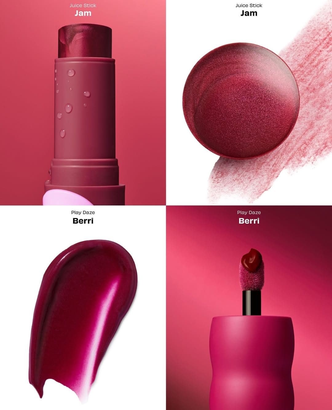 Benefit Cosmetics Juice Stick & Play Daze product photo: bubblegum pink, cherry red and peach coral, plastic, studio light, image 2 of 6