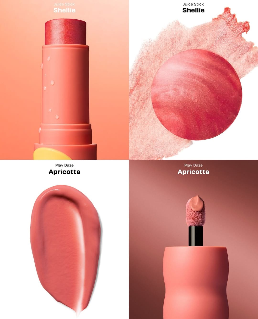 Benefit Cosmetics Juice Stick & Play Daze product photo: bubblegum pink, cherry red and peach coral, plastic, studio light, image 3 of 6