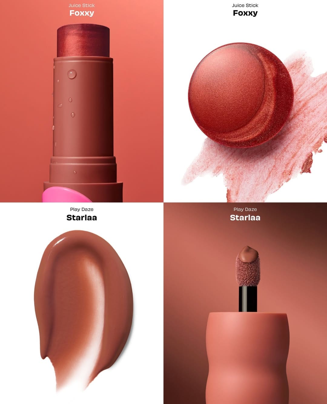 Benefit Cosmetics Juice Stick & Play Daze product photo: bubblegum pink, cherry red and peach coral, plastic, studio light, image 4 of 6