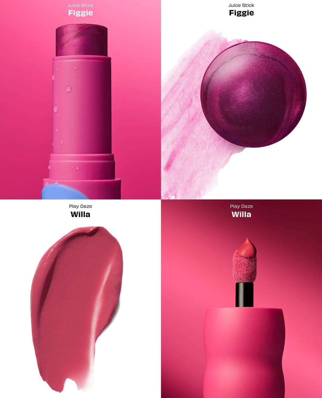 Benefit Cosmetics Juice Stick & Play Daze product photo: bubblegum pink, cherry red and peach coral, plastic, studio light, image 5 of 6
