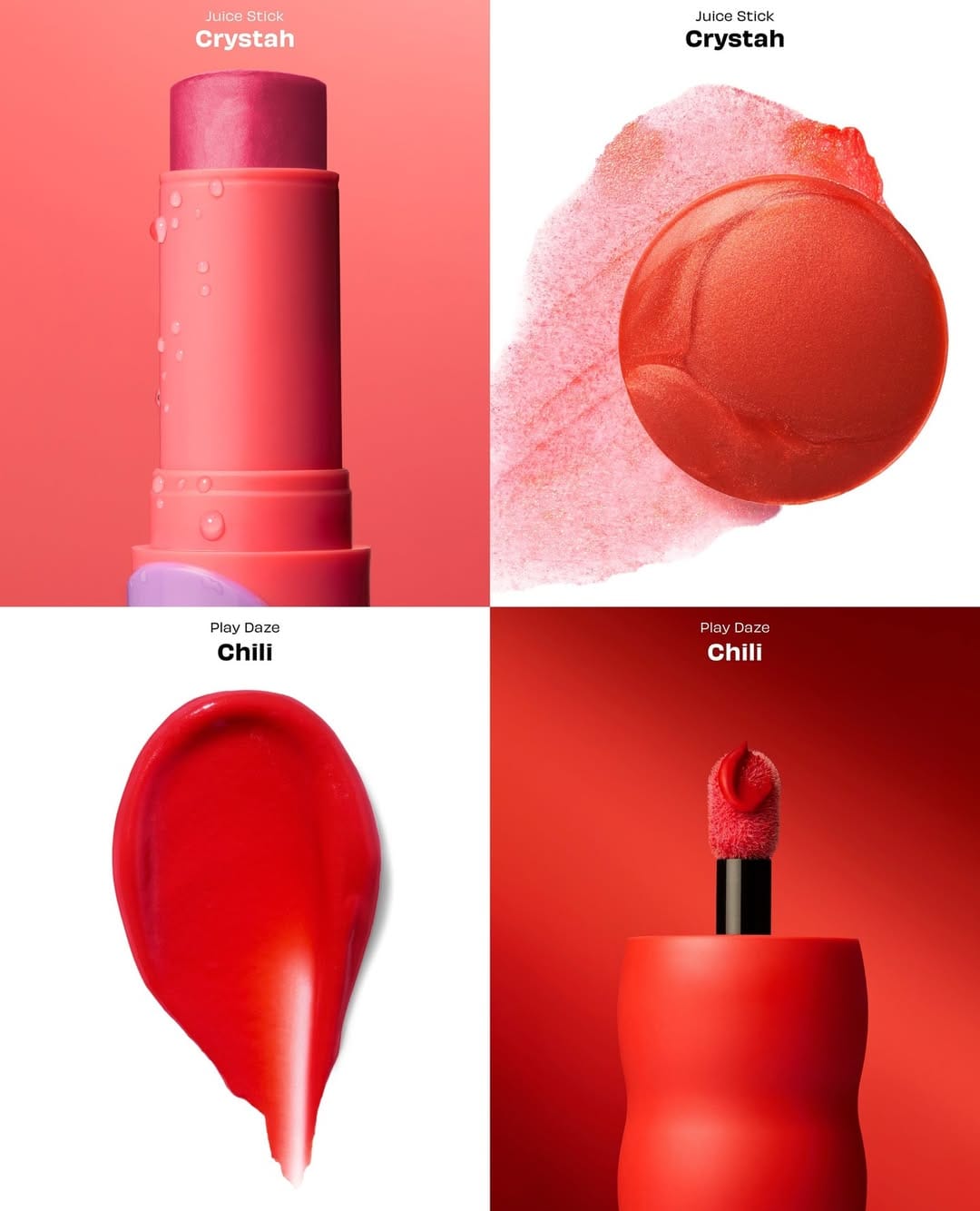 Benefit Cosmetics Juice Stick & Play Daze product photo: bubblegum pink, cherry red and peach coral, plastic, studio light, image 6 of 6