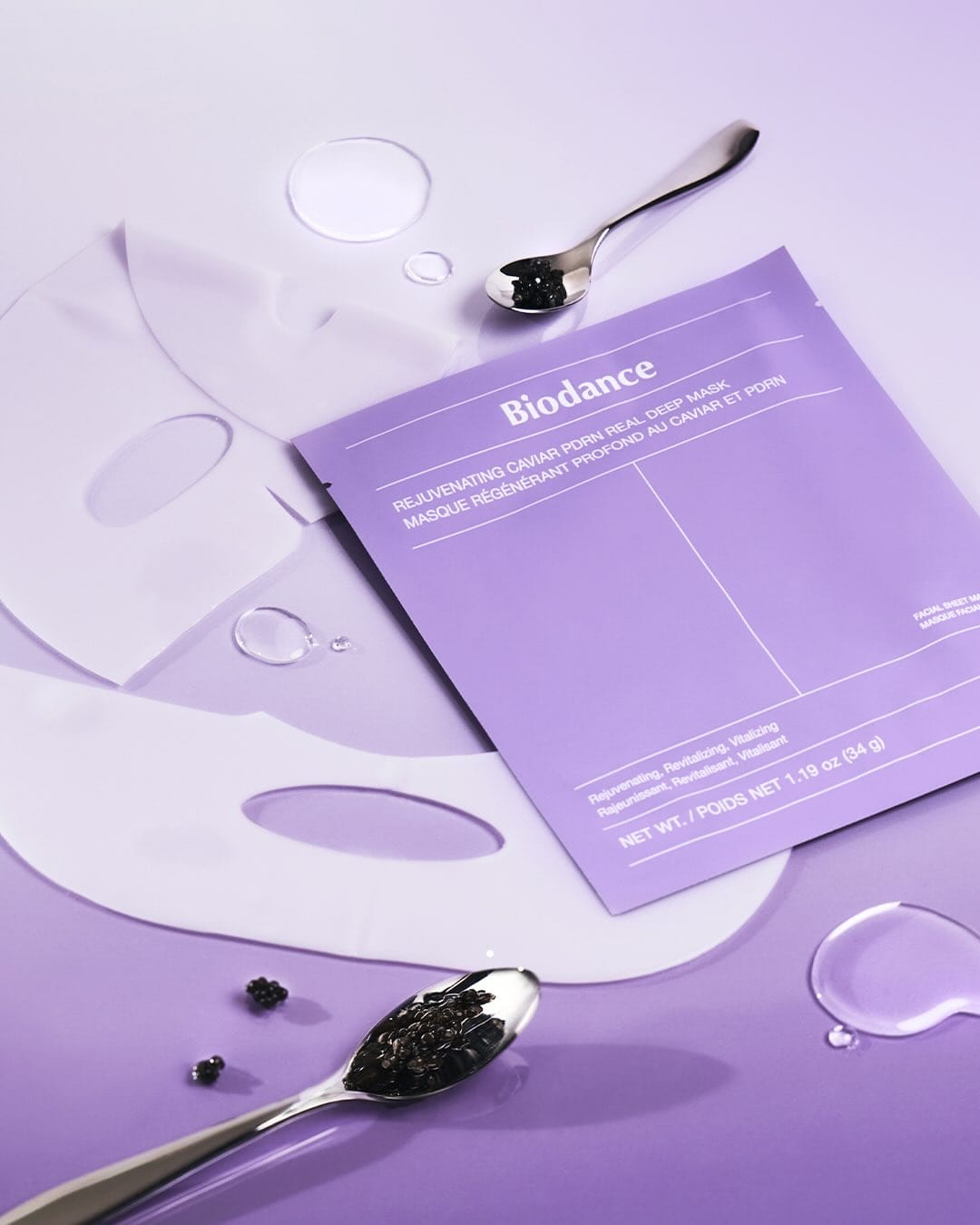 Biodance skincare product photo: lavender and white, skin, soft light