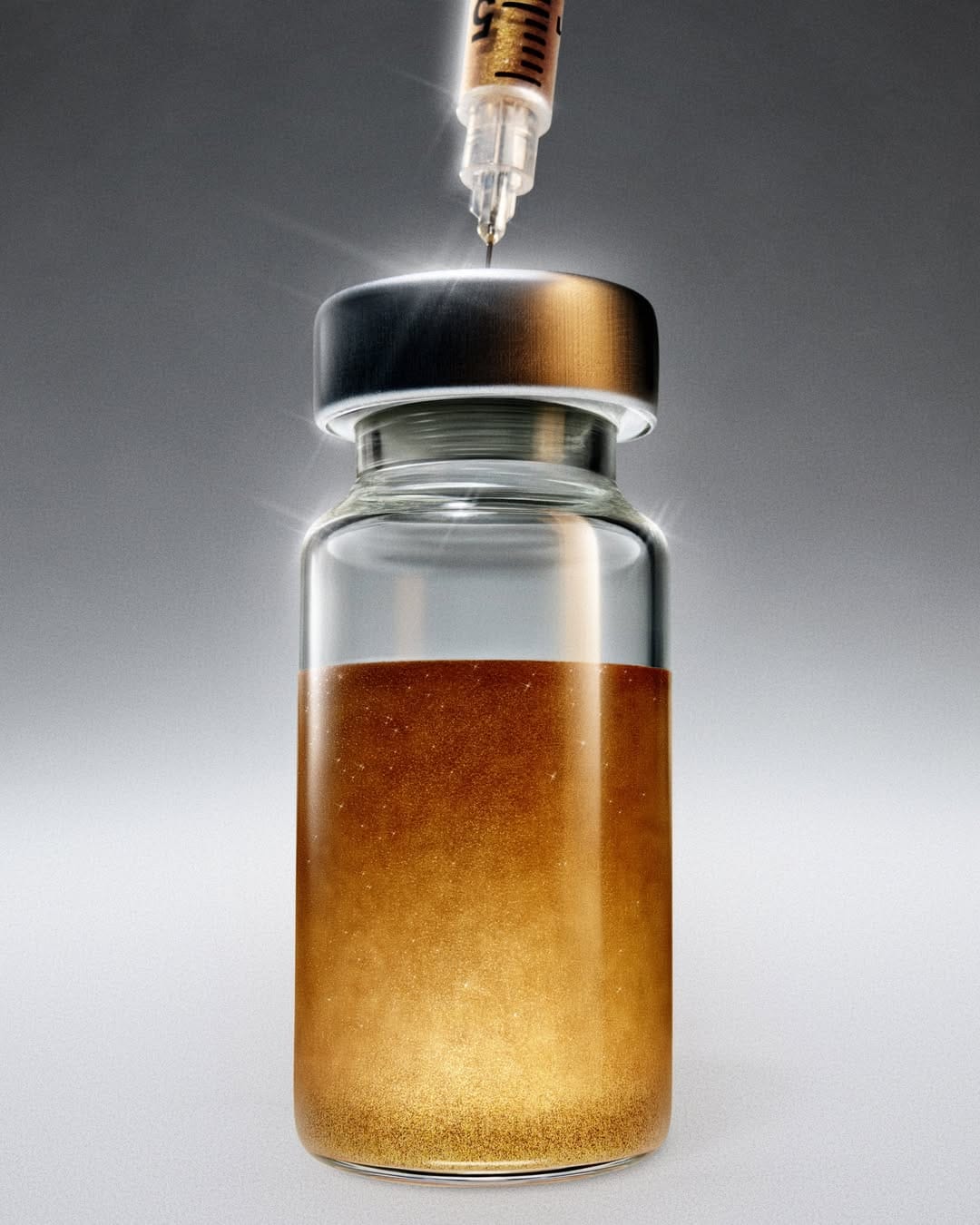 Bloomberg Businessweek peptide vials product photo: amber, black cap and clear glass, glass, studio light, image 1 of 2