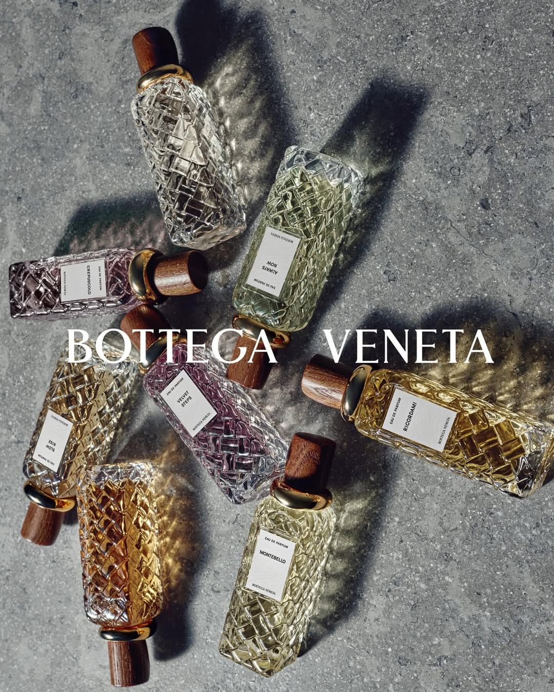 Bottega Veneta Alta Collection product photo: amber, walnut wood and clear cut glass, glass and stone, dramatic light