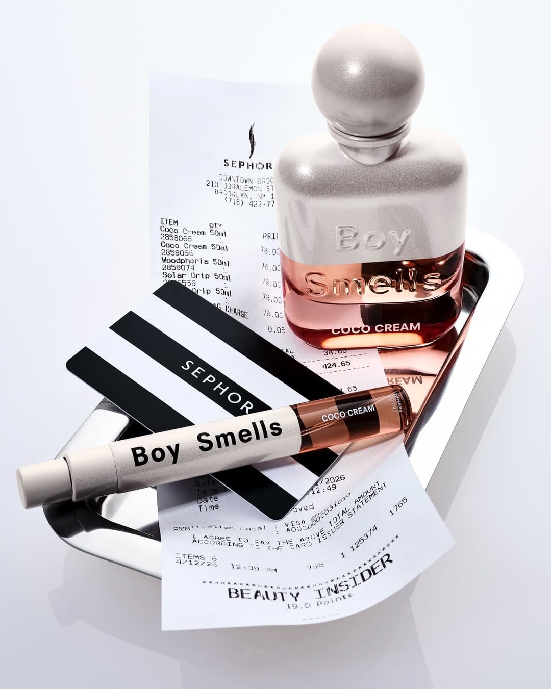 Boy Smells' Sephora launch product photo: brushed silver, rose gold and blush, glass and metal, studio light