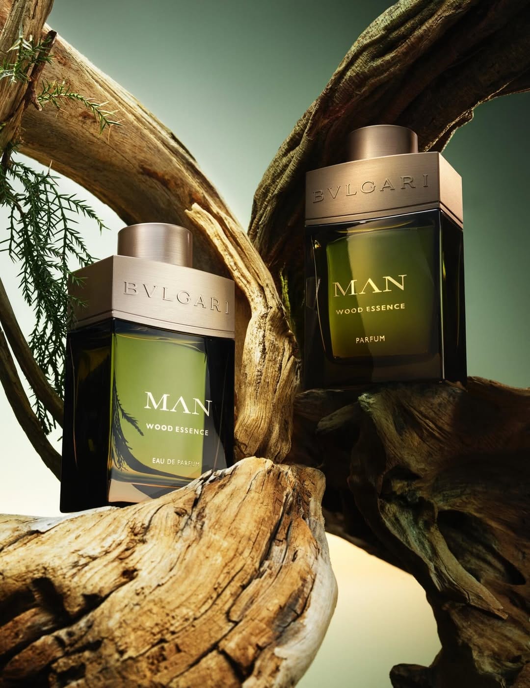Bvlgari Man Wood Essence product photo: olive green and bronze taupe, glass, dramatic light, image 1 of 3