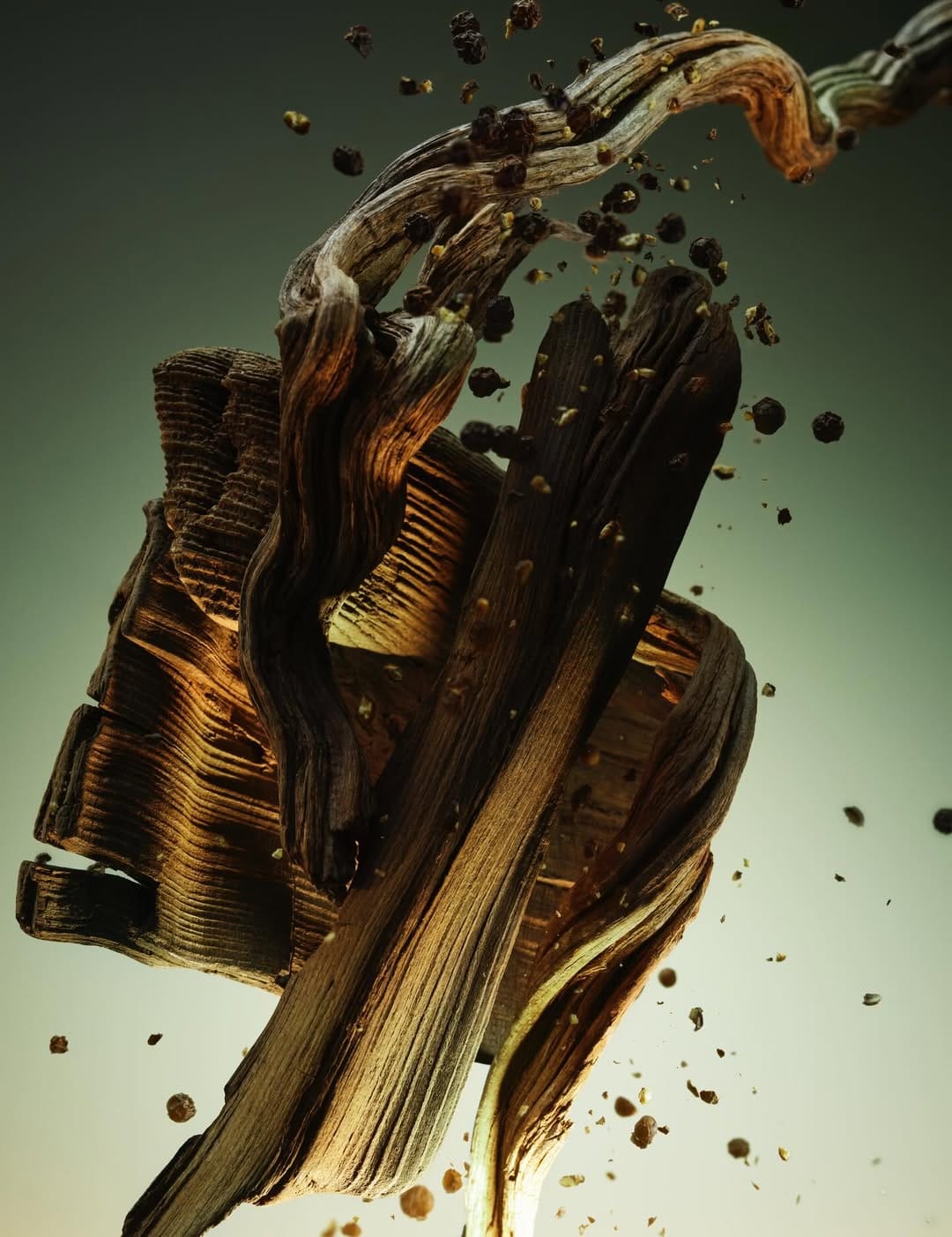 Bvlgari Man Wood Essence product photo: olive green and bronze taupe, glass, dramatic light, image 2 of 3