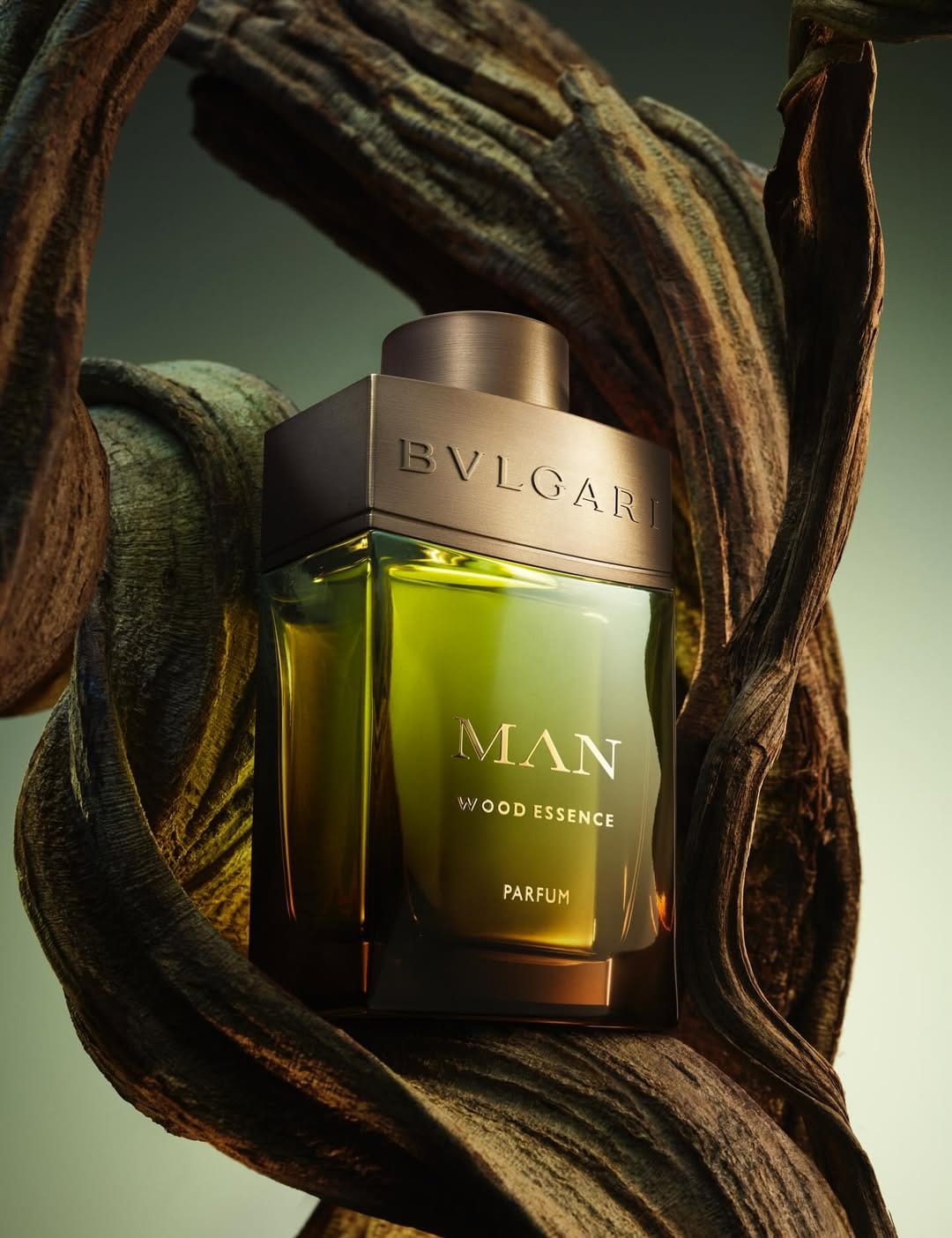 Bvlgari Man Wood Essence product photo: olive green and bronze taupe, glass, dramatic light, image 3 of 3