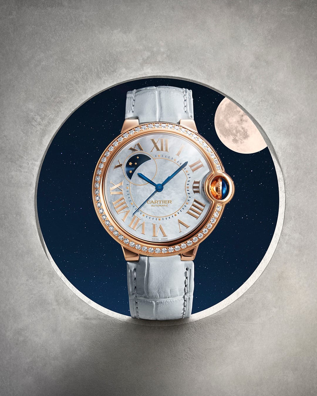Cartier Ballon Bleu product photo: steel silver, pale blue and rose gold, metal, studio light, image 3 of 4