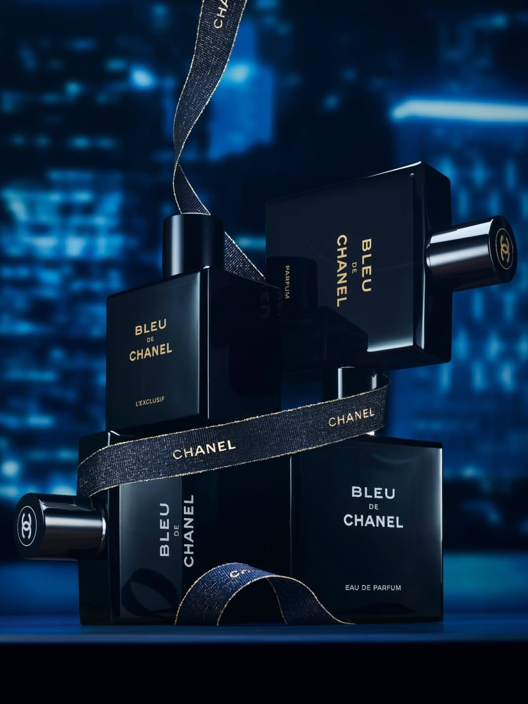Chanel Bleu de Chanel product photo: midnight navy, black and brushed gold, glass, dramatic light, image 4 of 4