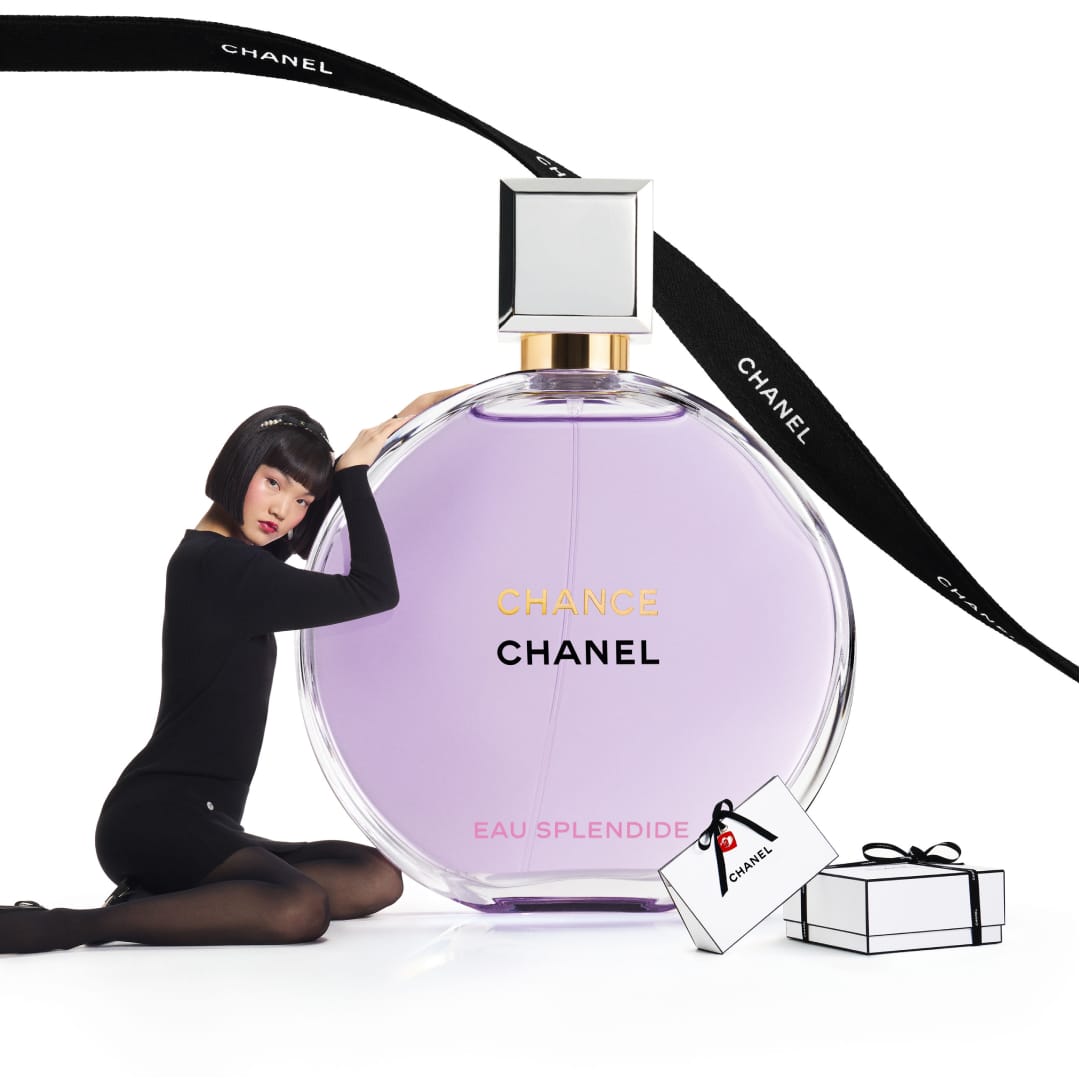 CHANEL fragrance product photo: black, violet, white and gold, glass, bright light, image 2 of 4