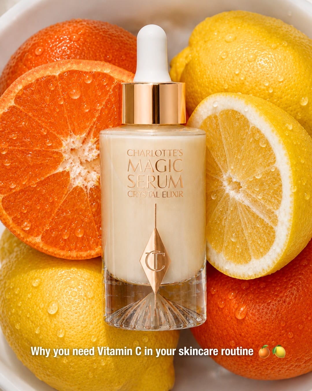 Charlotte Tilbury's AI-generated product imagery product photo: champagne cream, rose gold and white, glass and organic, bright light