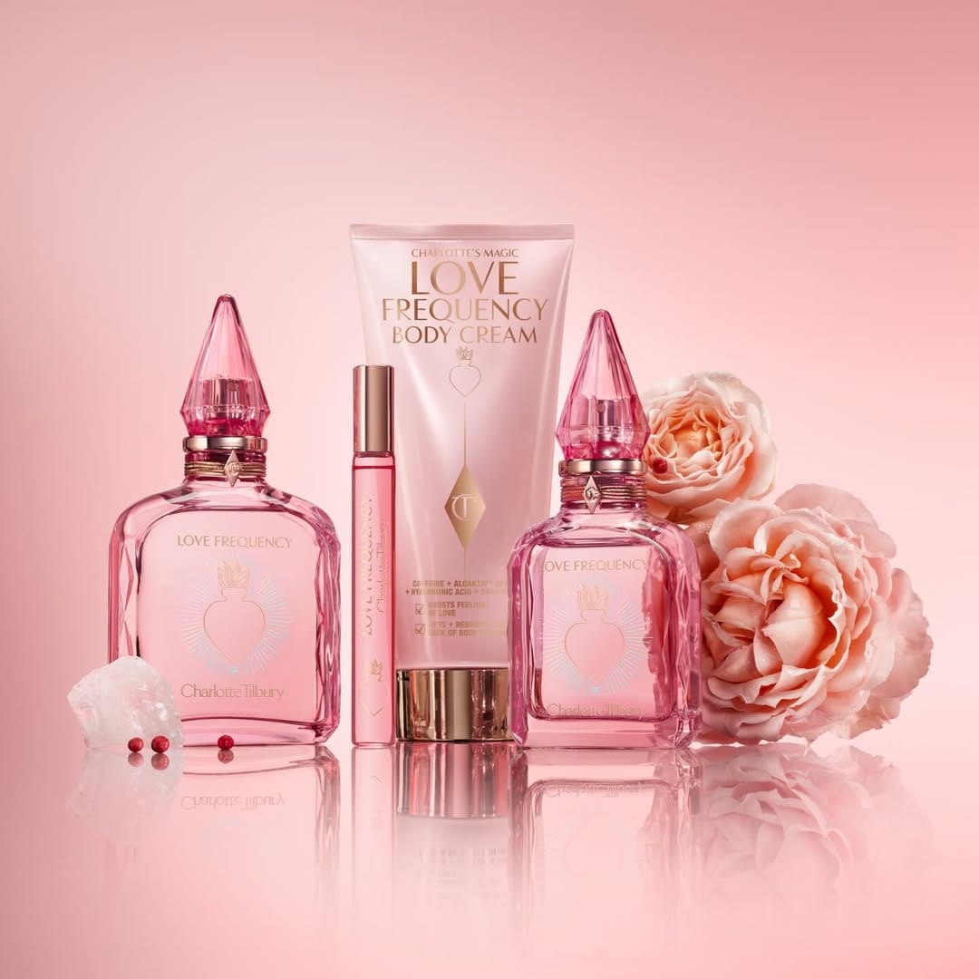 Charlotte Tilbury Skincare product photo: rose pink and rose gold, glass, soft light, image 1 of 2