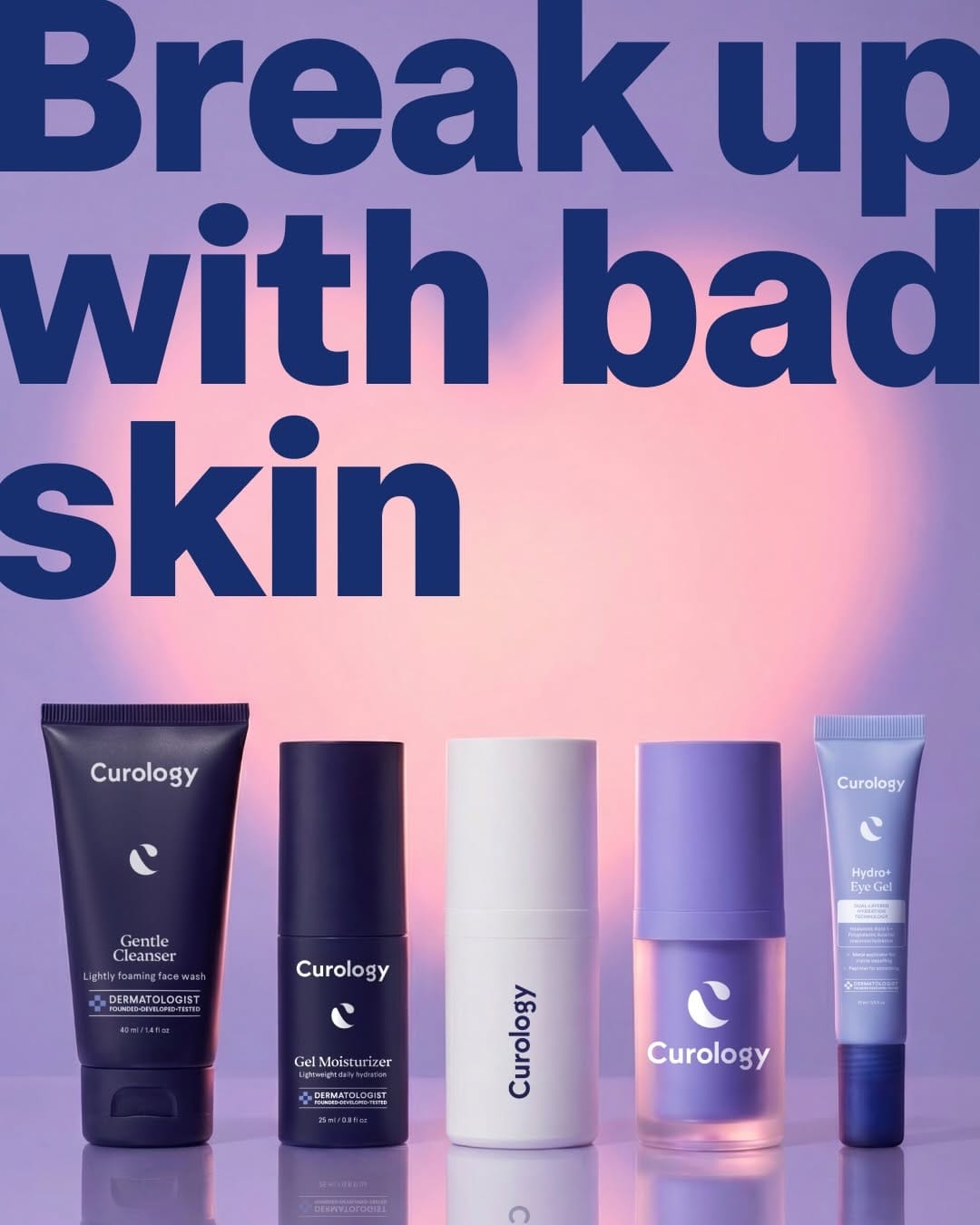 Curology's Valentine campaign product photo: lavender, white and navy, plastic, soft light, image 2 of 6
