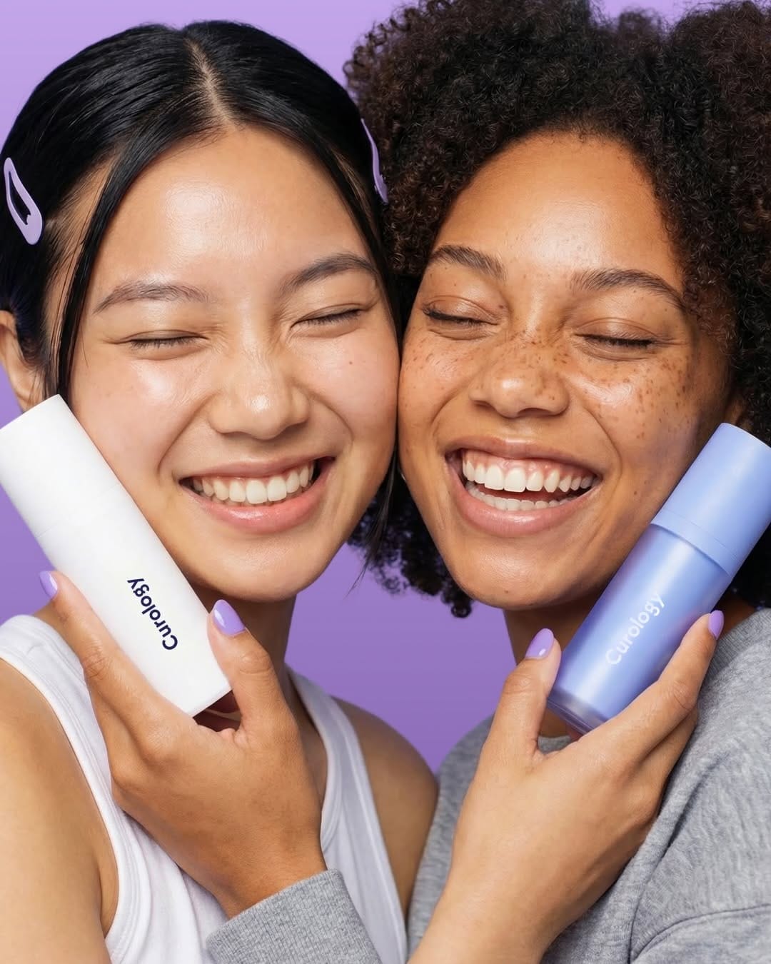 Curology's Valentine campaign product photo: lavender, white and navy, plastic, soft light, image 3 of 6