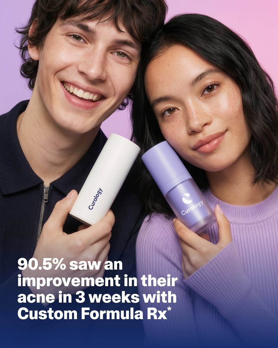 Curology's Valentine campaign product photo: lavender, white and navy, plastic, soft light, image 4 of 6