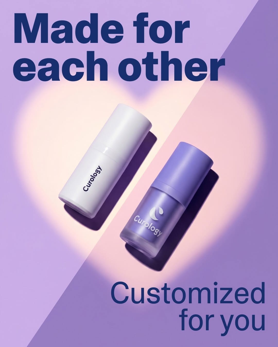 Curology's Valentine campaign product photo: lavender, white and navy, plastic, soft light, image 5 of 6