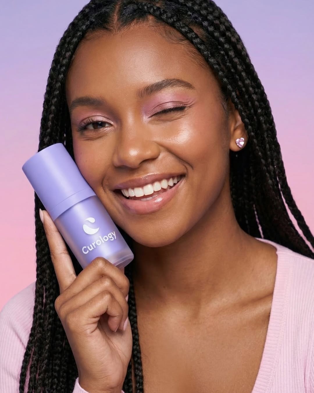 Curology's Valentine campaign product photo: lavender, white and navy, plastic, soft light, image 6 of 6