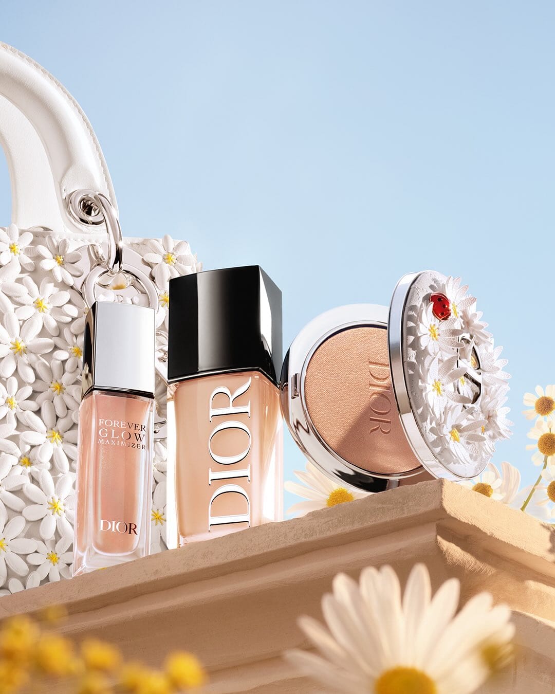 Dior Beauty spring collection product photo: nude beige, terracotta and teal blue, glass, soft light