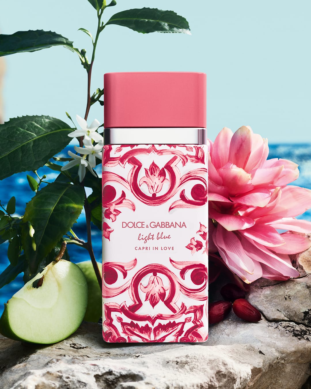 Dolce&Gabbana Beauty fragrance product photo: porcelain white, emerald green, coral pink and raspberry red, glass and stone, natural light, image 2 of 2