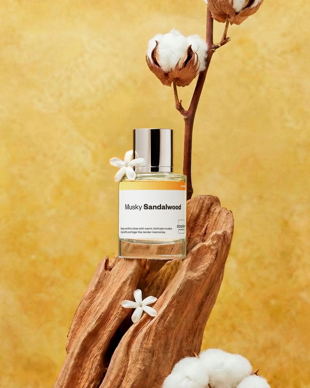 Dossier perfume product photo: clear glass, silver cap and golden amber, glass and wood, studio light, image 1 of 3