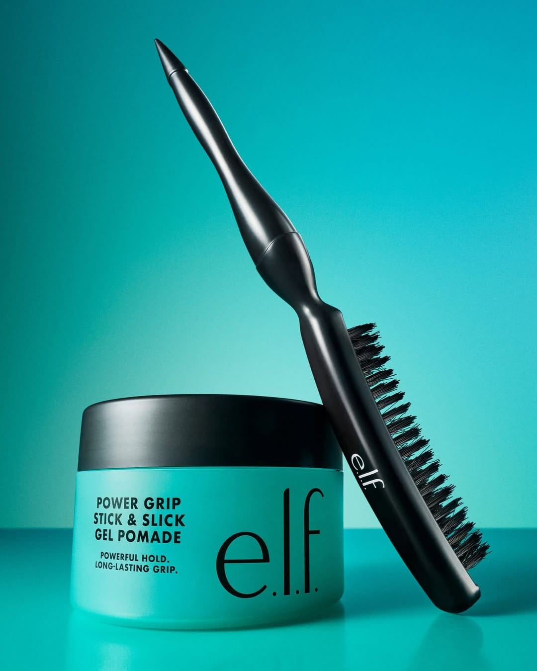 e.l.f. Cosmetics haircare product photo: black and teal, plastic, studio light