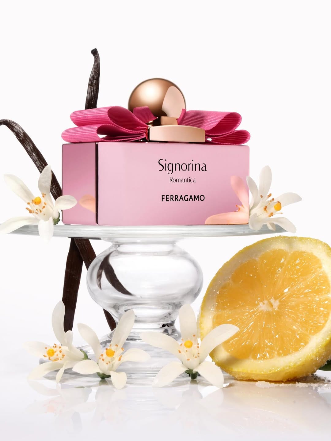 Ferragamo Signorina product photo: bubblegum pink and rose gold, metal and fabric, studio light, image 2 of 4
