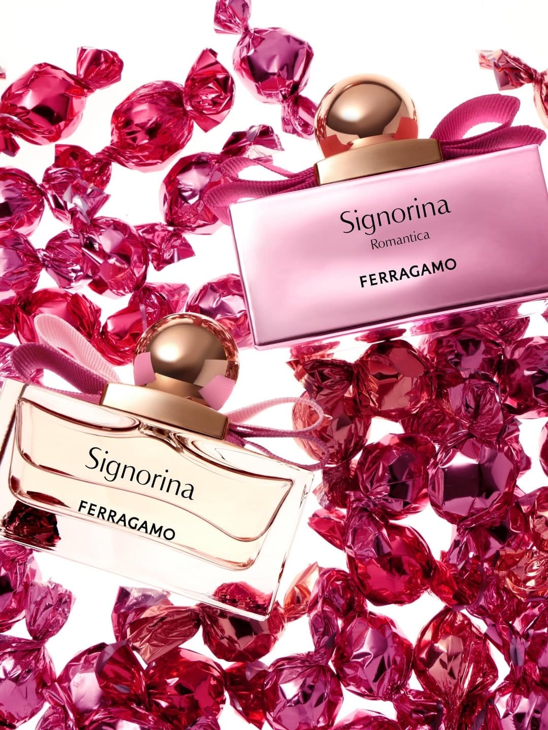Ferragamo Signorina product photo: bubblegum pink and rose gold, metal and fabric, studio light, image 3 of 4