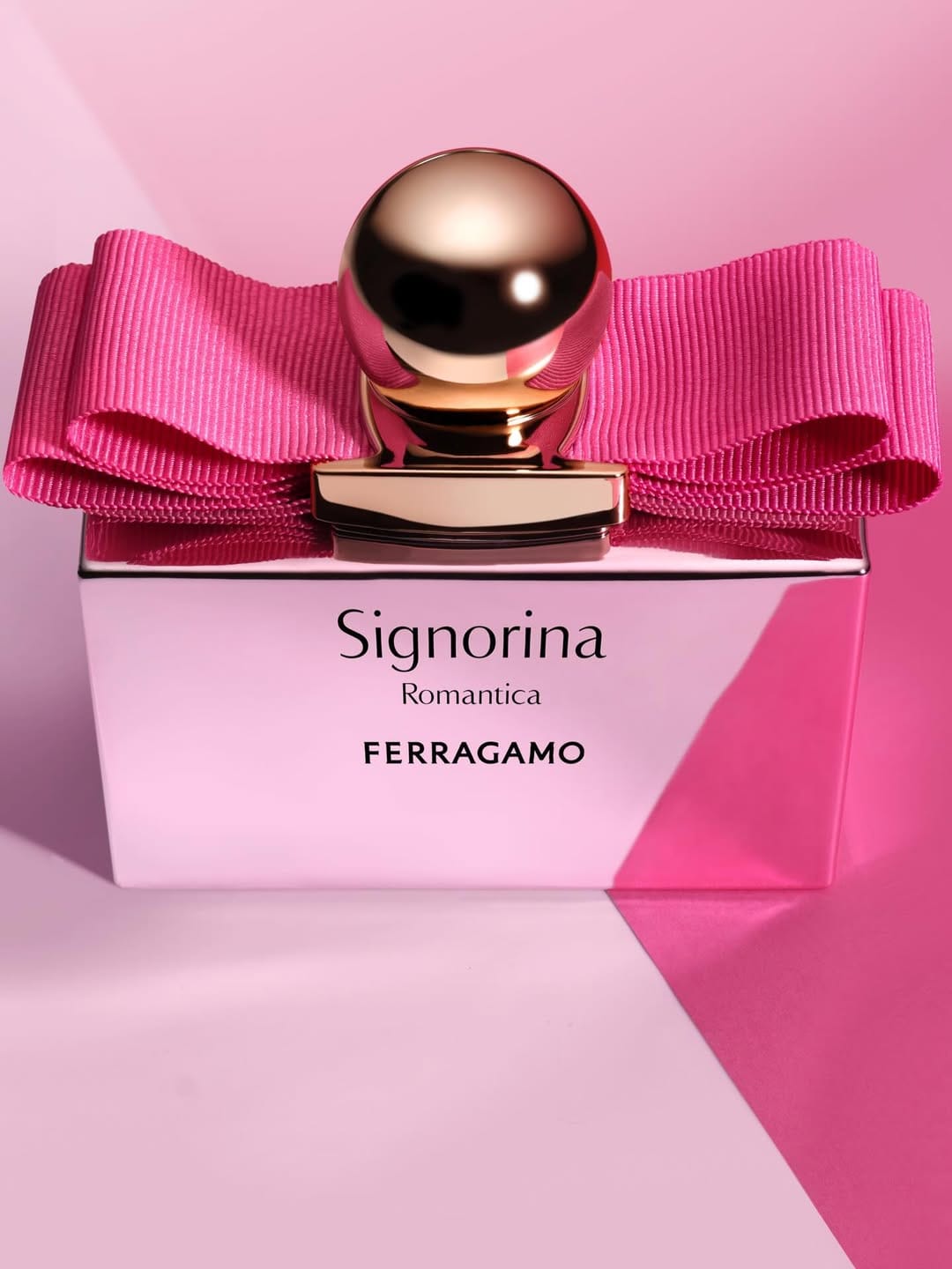 Ferragamo Signorina product photo: bubblegum pink and rose gold, metal and fabric, studio light, image 4 of 4