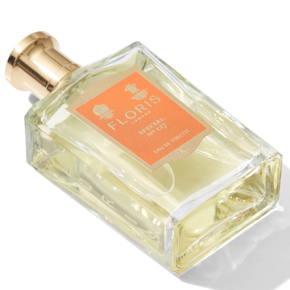 Floris Special No. 127 product photo: pale lemon, burnt orange, champagne gold and white box, glass, soft light, image 1 of 4