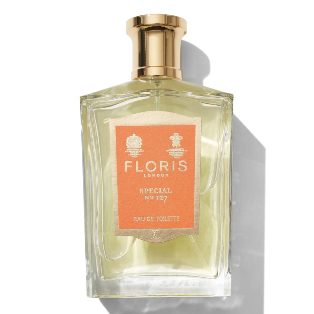 Floris Special No. 127 product photo: pale lemon, burnt orange, champagne gold and white box, glass, soft light, image 3 of 4