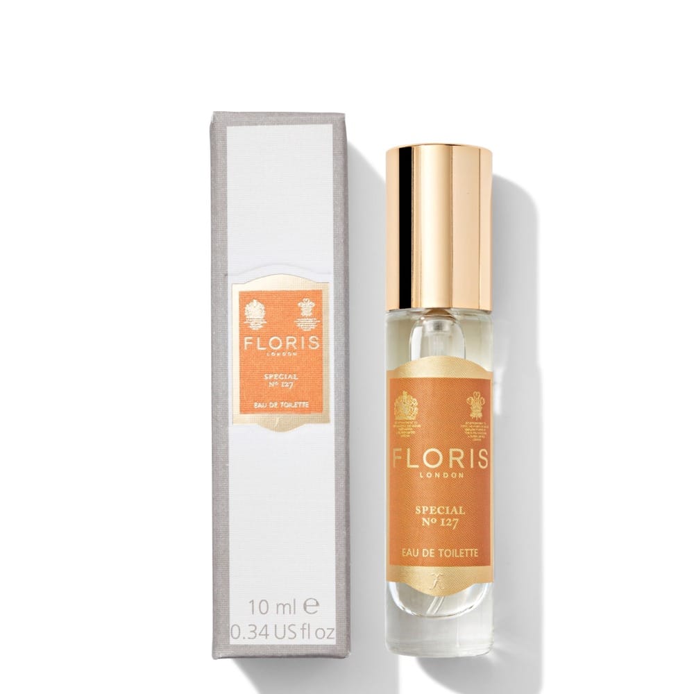 Floris Special No. 127 product photo: pale lemon, burnt orange, champagne gold and white box, glass, soft light, image 4 of 4