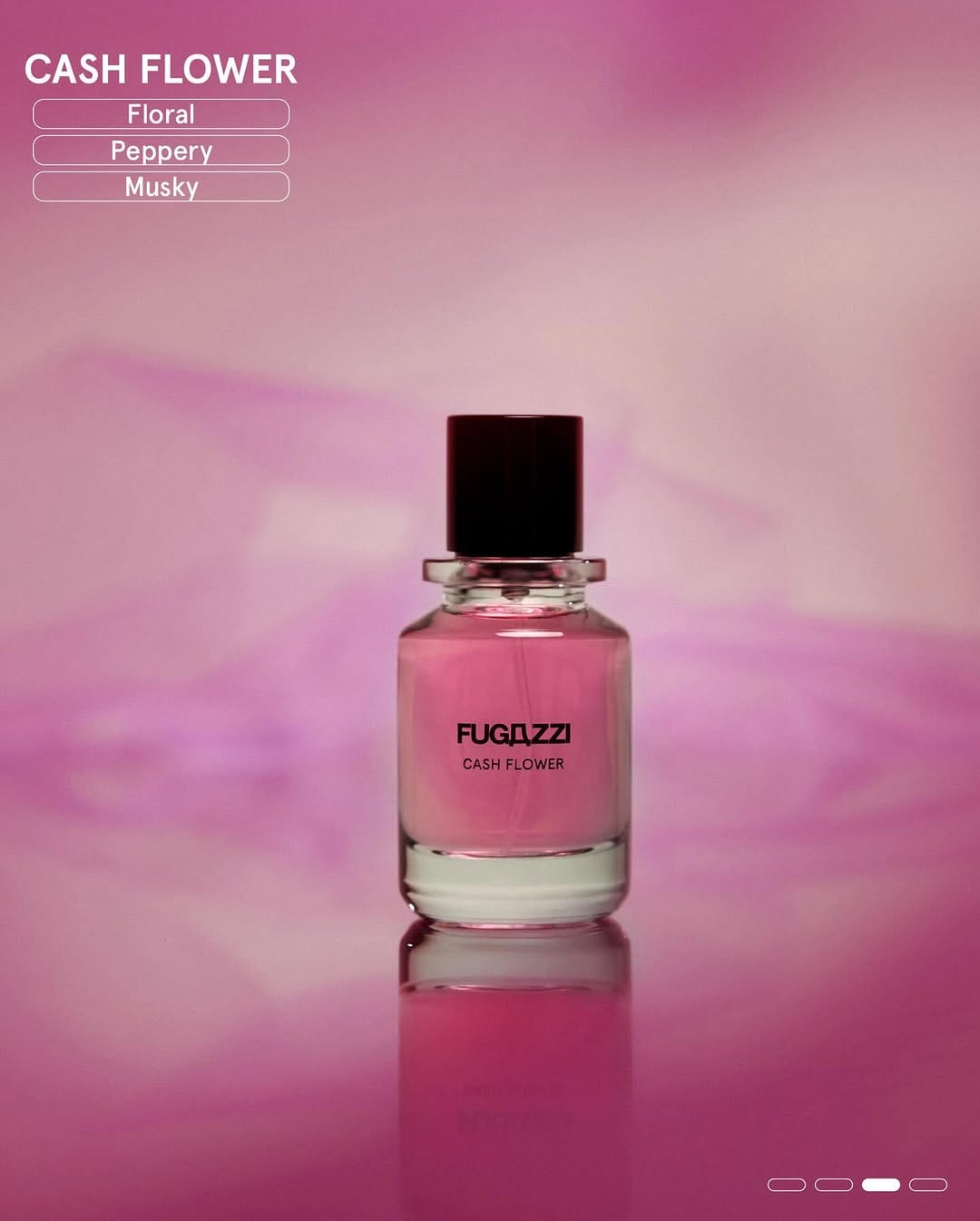 Fugazzi fragrance product photo: rose pink and black cap, glass, soft light, image 3 of 4