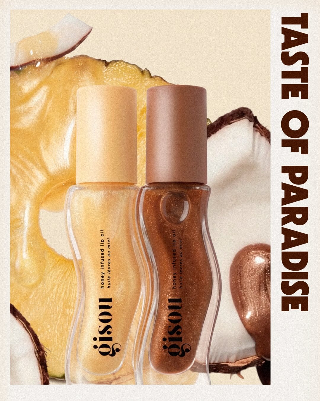 Gisou Tropical Honey Lip Oils product photo: cocoa brown, honey gold and clear glass, glass, soft light, image 2 of 9