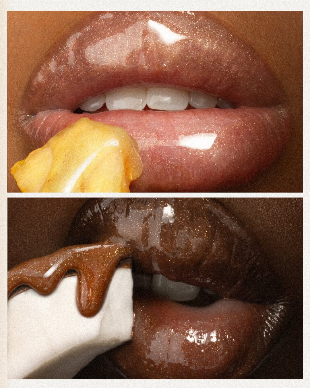 Gisou Tropical Honey Lip Oils product photo: cocoa brown, honey gold and clear glass, glass, soft light, image 3 of 9