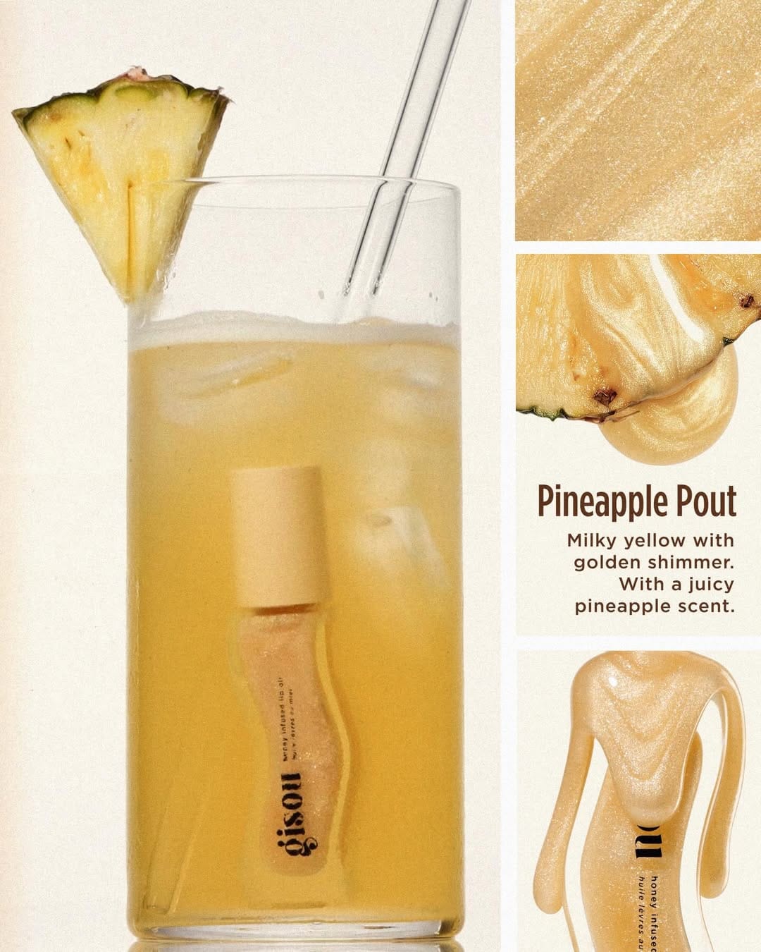 Gisou Tropical Honey Lip Oils product photo: cocoa brown, honey gold and clear glass, glass, soft light, image 7 of 9
