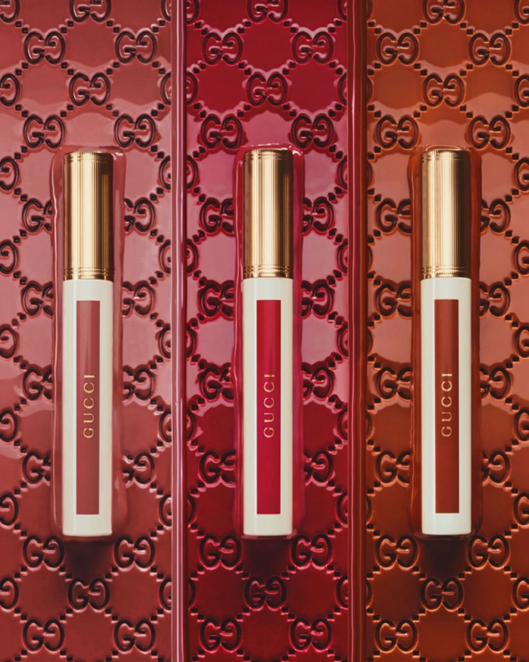 Gucci beauty product photo: crimson, gold cap and ivory, metal, studio light