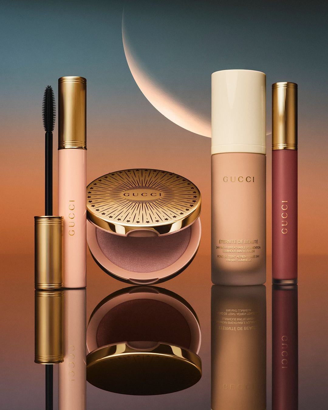 Gucci Lunar New Year product photo: gold, cream beige and blush pink, glass, studio light