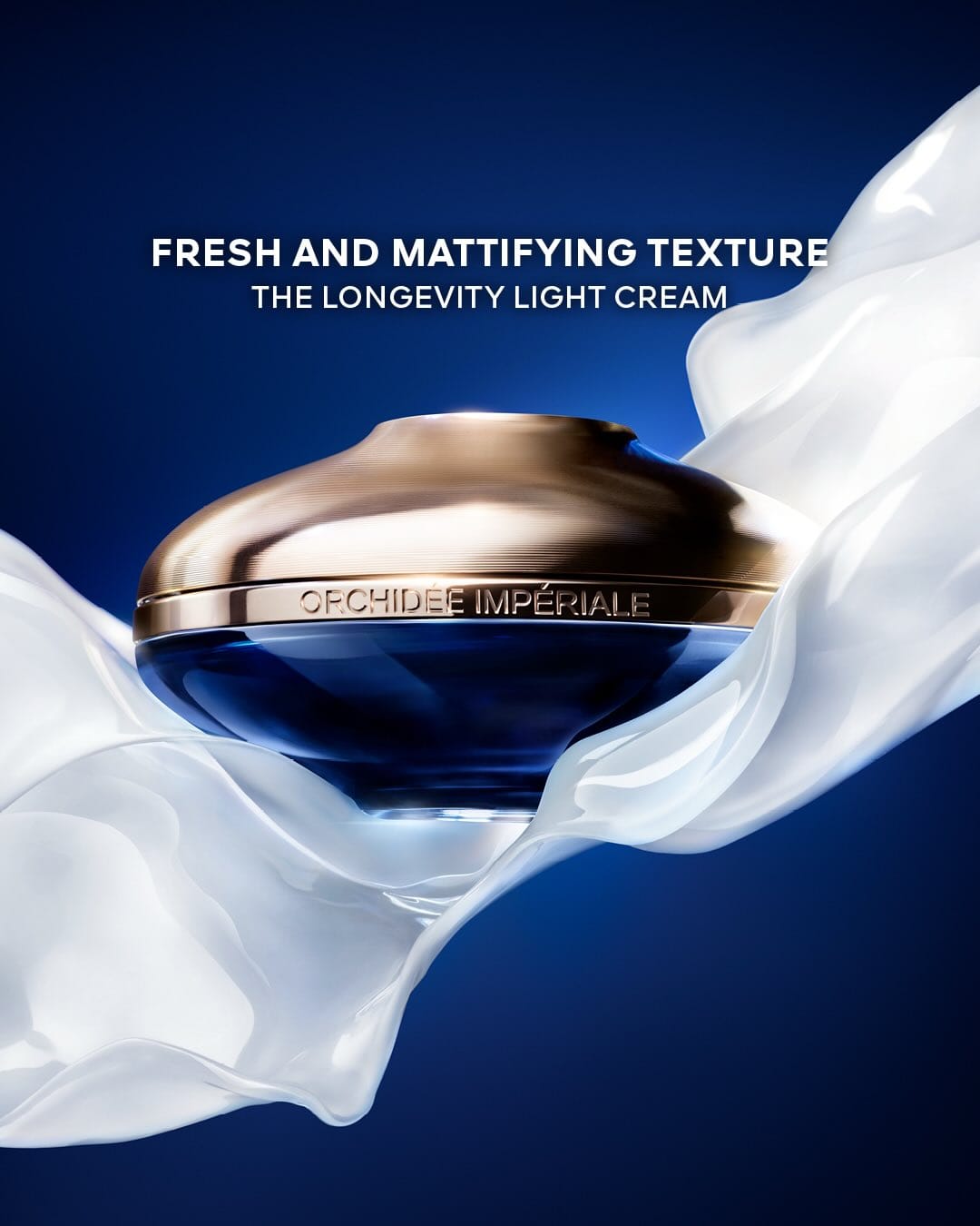 Guerlain skincare product photo: midnight blue, rose gold lid and cream white, glass, studio light, image 2 of 4