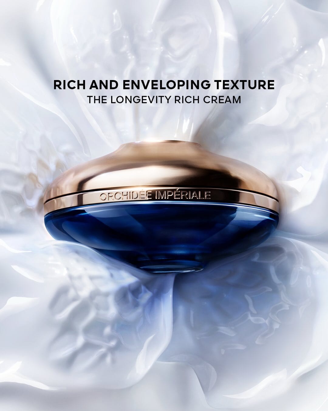 Guerlain skincare product photo: midnight blue, rose gold lid and cream white, glass, studio light, image 4 of 4