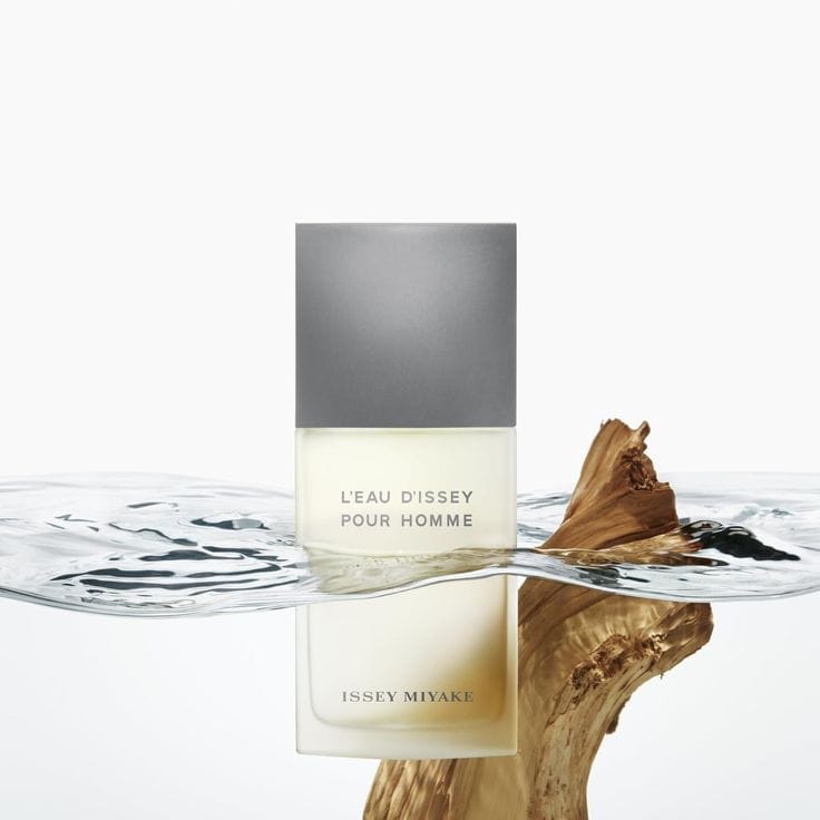 Issey Miyake L'Eau d'Issey product photo: frosted glass, brushed silver and milky white, glass, soft light, image 2 of 8