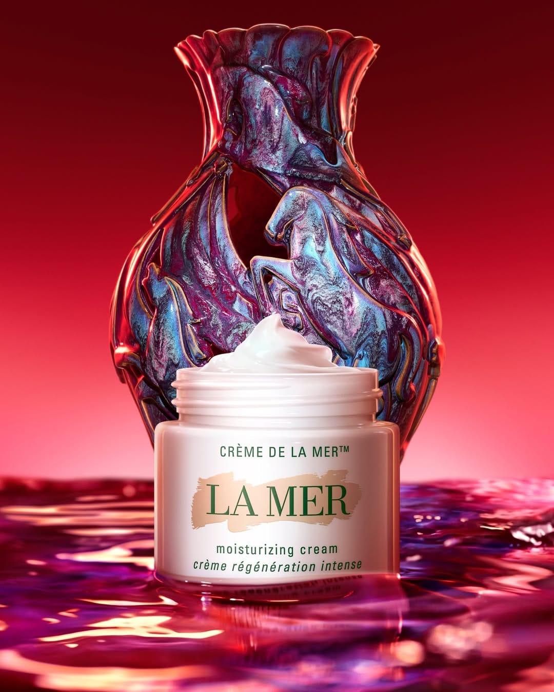 La Mer Lunar New Year product photo: teal green and cream white, glass, dramatic light, image 2 of 2