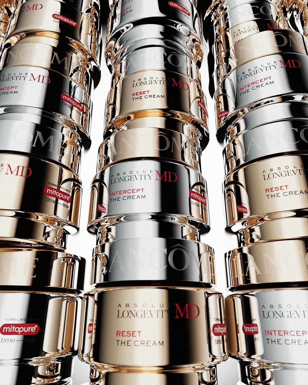 Lancôme anti-age product photo: chrome silver, black and champagne gold, metal, studio light, image 4 of 4