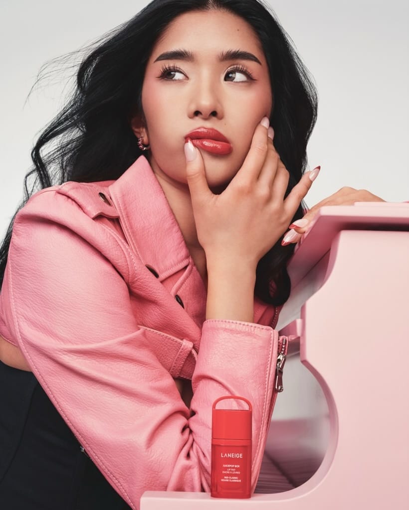 LANEIGE lip tint product photo: rosy pink and coral red, skin, soft light, image 5 of 7