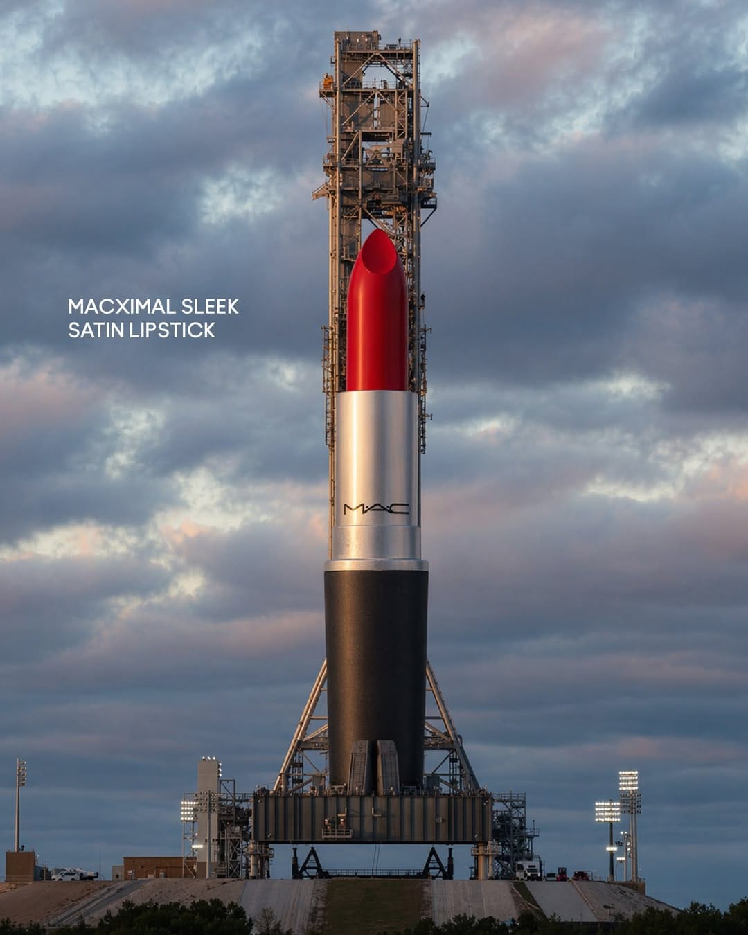 MAC Cosmetics moon landing campaign product photo: jet black, launch red, chrome silver and bronzer brown, metal and fabric, dramatic light