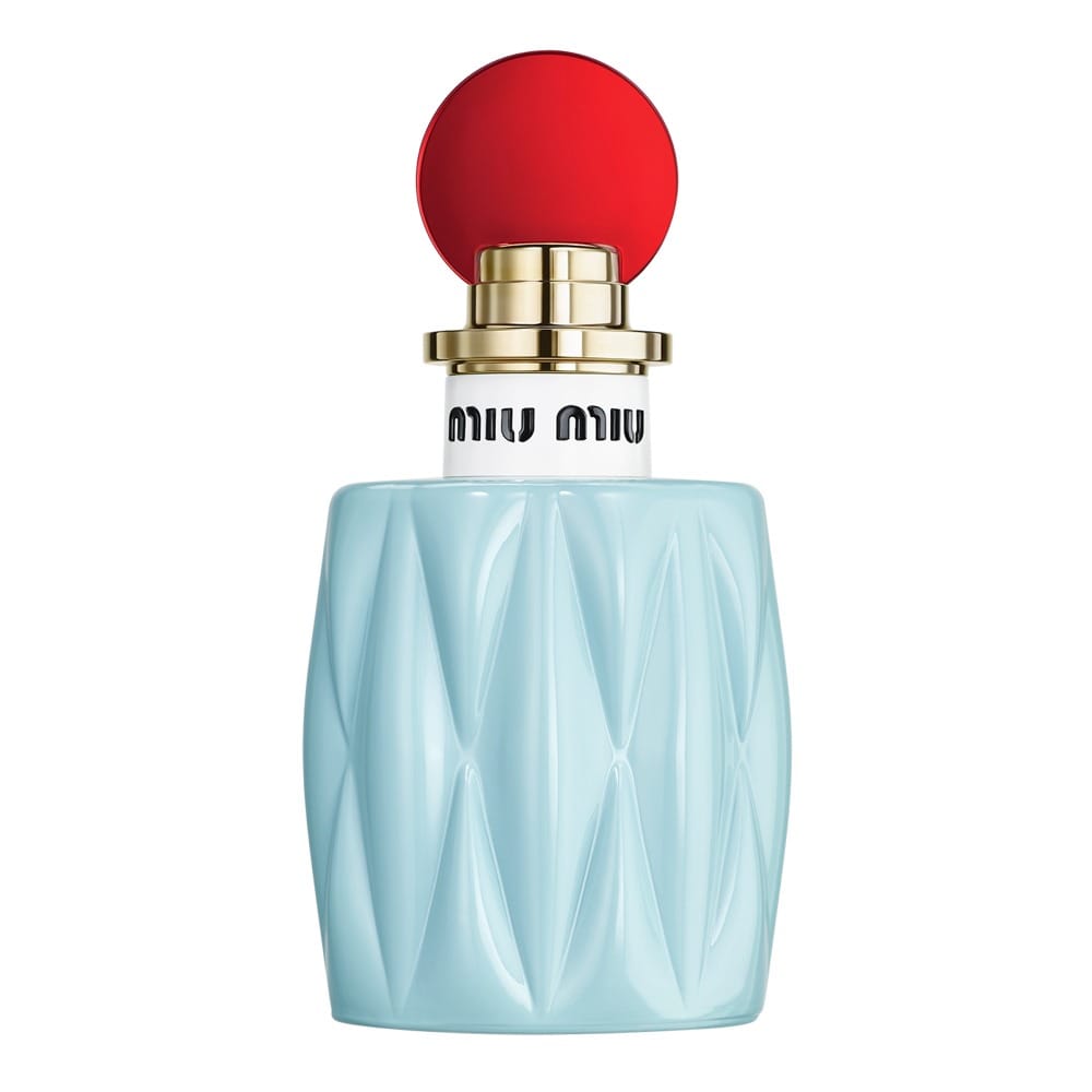 Miu Miu fragrance product photo: powder blue, cherry red, gold collar and white, glass, studio light, image 3 of 3