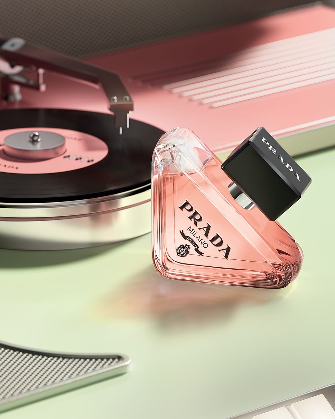 Prada Paradoxe product photo: peach pink, black and clear glass, glass, soft light