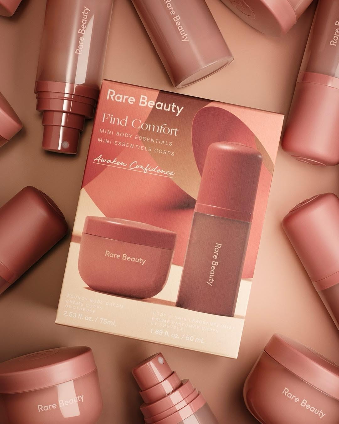Rare Beauty product photo: coral red, rose pink, cream and gold, paper, soft light, image 4 of 6