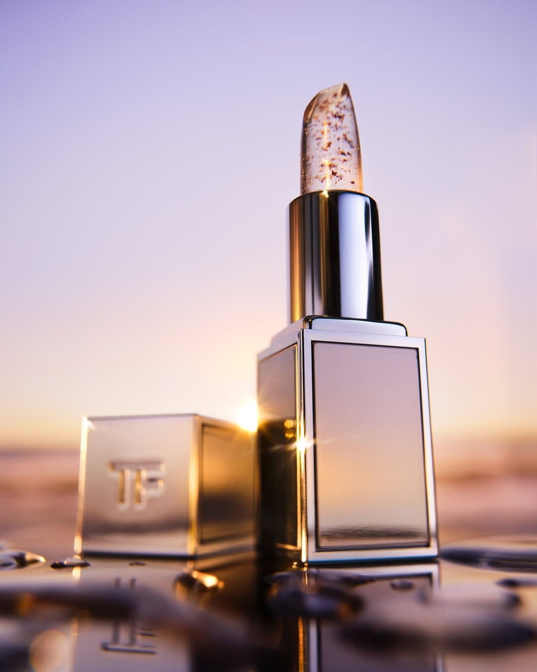 Tom Ford Beauty product photo: rose pink, polished silver and glitter flake, metal, dramatic light